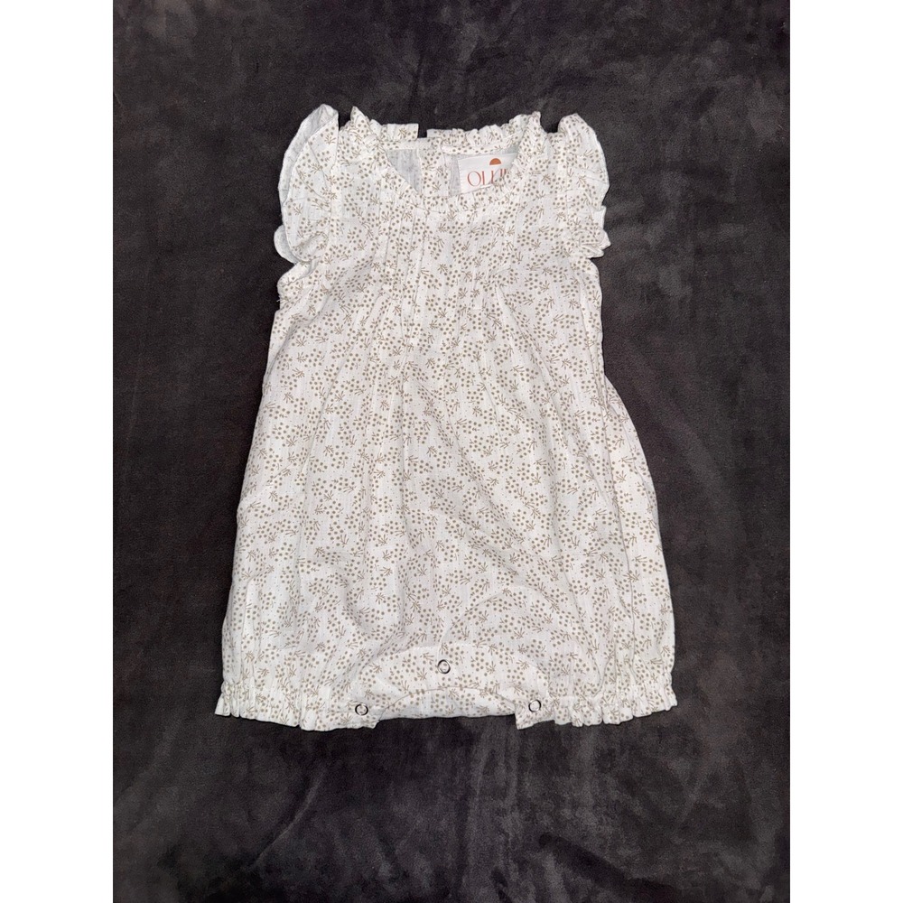 Ollie's Day Baby Girl Floral Bubble Romper White Tan Ruffle Sleeve 6-9 Months